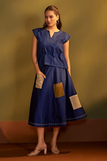 Buy_Savaaya_Blue Denim Embroidery, Patchwork Split V-neck Pocket Top And Skirt Set _Online_at_Aza_Fashions