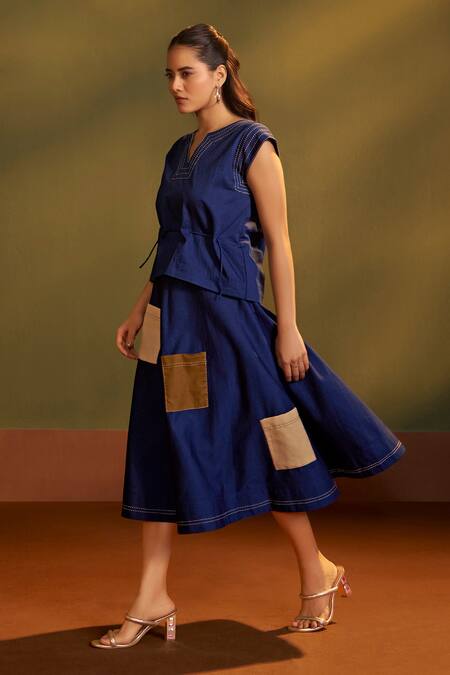 Savaaya_Blue Denim Embroidery, Patchwork Split V-neck Pocket Top And Skirt Set _at_Aza_Fashions
