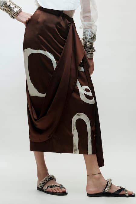 Shop_AK-OK_Brown Silk Draped Abstract Print Asymmetric Skirt _Online_at_Aza_Fashions