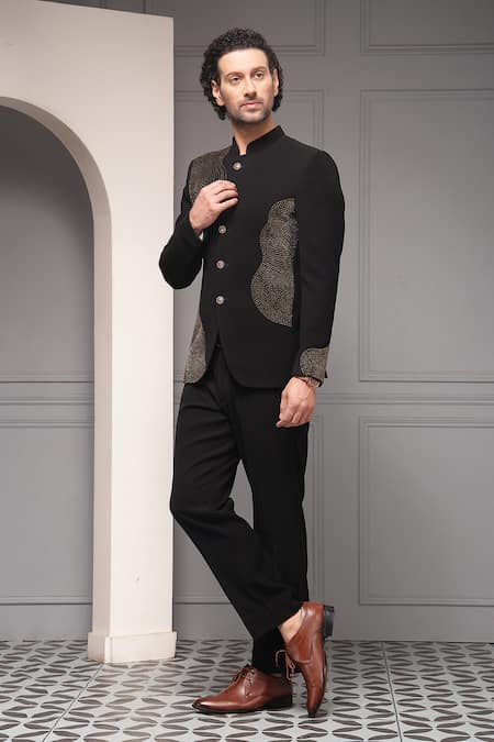 Buy_Soniya G_Black Viscose, Suiting Obsidian Aura Embellished Premium Bandhgala And Pant Set _Online_at_Aza_Fashions