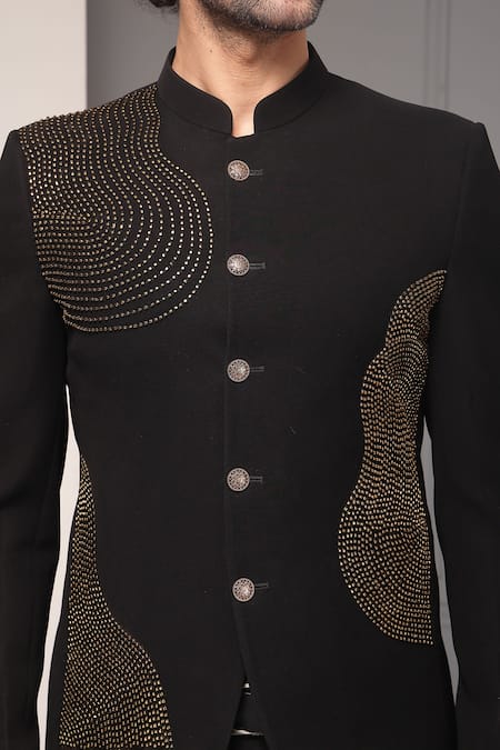 Soniya G_Black Viscose, Suiting Obsidian Aura Embellished Premium Bandhgala And Pant Set _at_Aza_Fashions