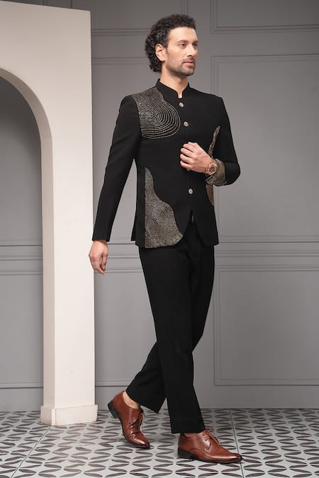 Buy_Soniya G_Black Viscose, Suiting Obsidian Aura Embellished Premium Bandhgala And Pant Set 