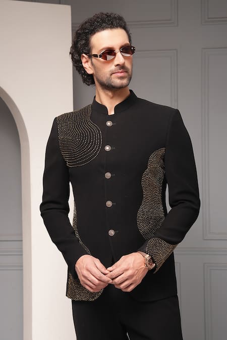 Shop_Soniya G_Black Viscose, Suiting Obsidian Aura Embellished Premium Bandhgala And Pant Set 