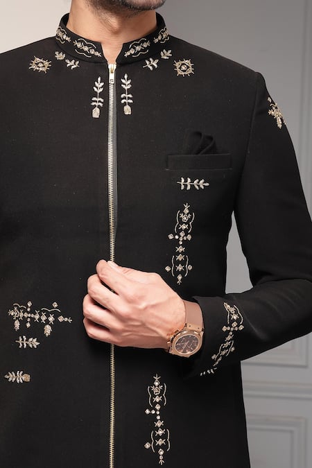 Soniya G_Black Viscose, Suiting Zaffre Noir Premium Fabric Bandhgala And Pant Set _Online_at_Aza_Fashions