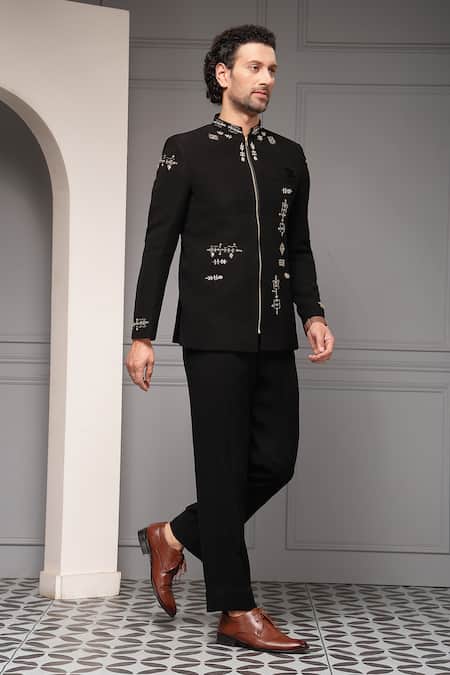 Buy_Soniya G_Black Viscose, Suiting Zaffre Noir Premium Fabric Bandhgala And Pant Set _Online_at_Aza_Fashions