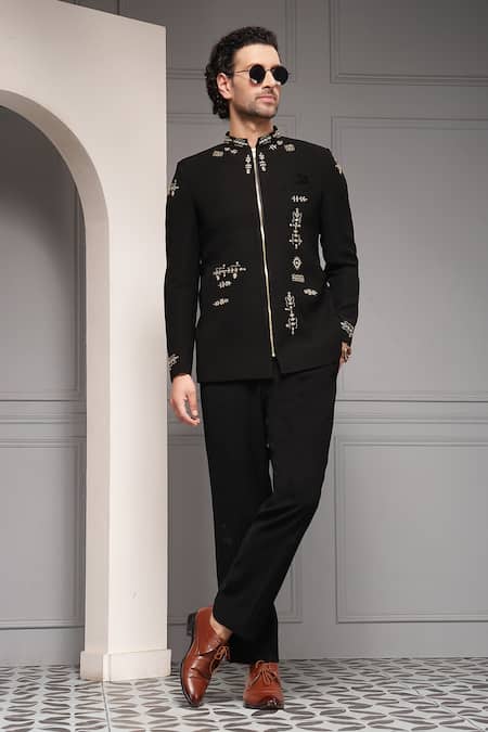 Soniya G Zaffre Noir Embroidered Premium Suiting Fabric Bandhgala & Pant Set 