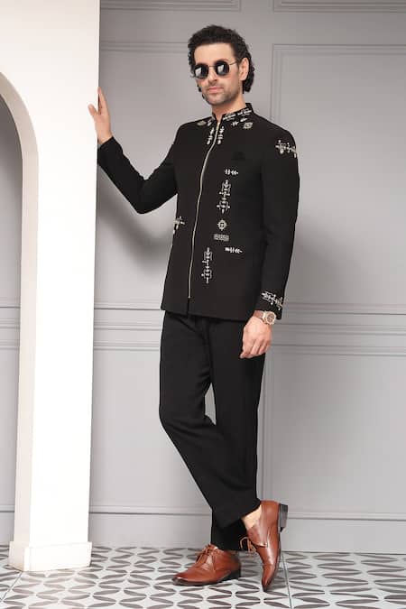 Soniya G_Black Viscose, Suiting Zaffre Noir Premium Fabric Bandhgala And Pant Set _at_Aza_Fashions