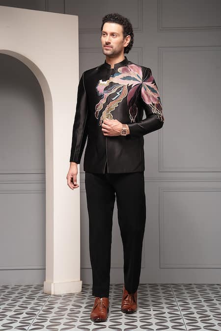 Soniya G Nocturne Bloom Embroidered Premium Suiting Fabric Bandhgala & Trouser Set 