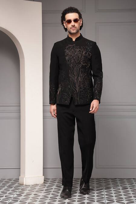 Buy_Soniya G_Black Viscose, Suiting Ebon Floris Premium Fabric Bandhgala And Trouser Set _Online_at_Aza_Fashions