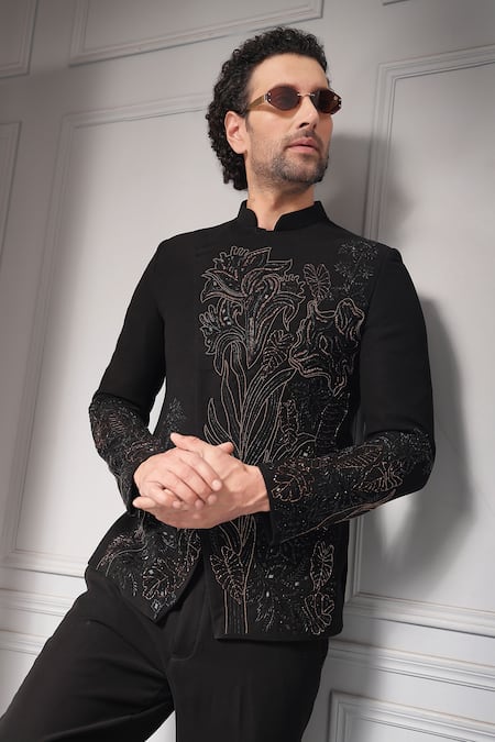 Shop_Soniya G_Black Viscose, Suiting Ebon Floris Premium Fabric Bandhgala And Trouser Set _Online_at_Aza_Fashions