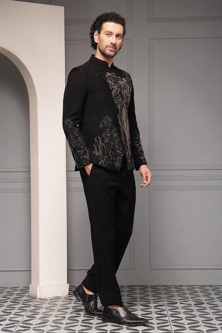 Soniya G_Black Viscose, Suiting Ebon Floris Premium Fabric Bandhgala And Trouser Set _at_Aza_Fashions