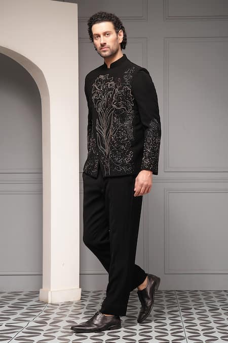Shop Soniya G Black Viscose, Suiting Ebon Floris Premium Fabric Bandhgala And Trouser Set Shop_Soniya G_Black Viscose, Suiting Ebon Floris Premium Fabric Bandhgala And Trouser Set