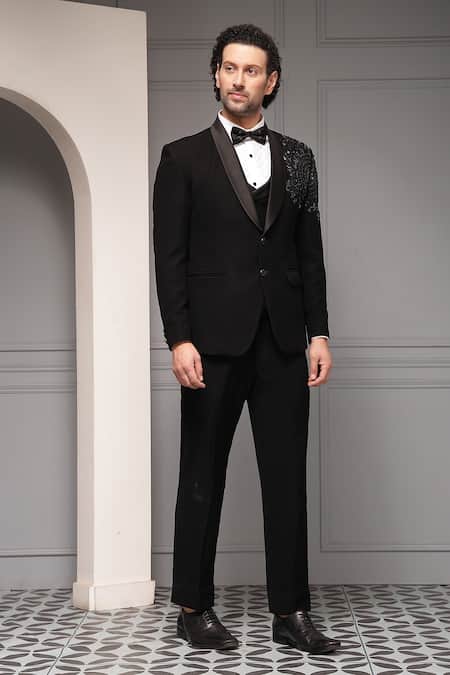 Soniya G_Black Suiting, Cotton Beads Noir Opulence Embellished Tuxedo Blazer Set _Online_at_Aza_Fashions