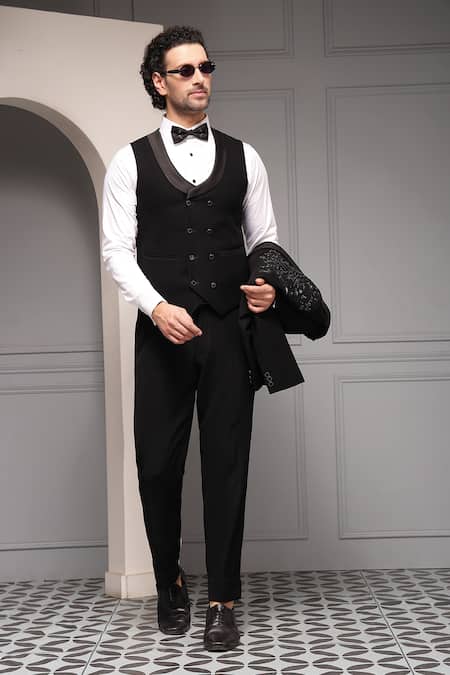 Shop_Soniya G_Black Suiting, Cotton Beads Noir Opulence Embellished Tuxedo Blazer Set _Online_at_Aza_Fashions