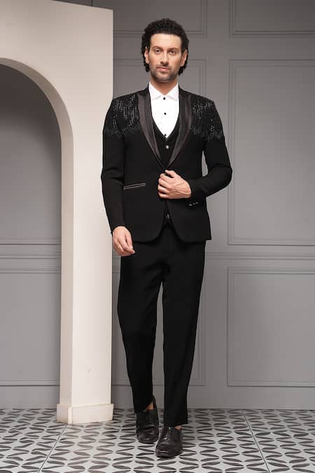 Shop_Soniya G_Black Suiting, Cotton, Satin Noir Eclipse Embellished Tuxedo Premium Fabric Set _Online_at_Aza_Fashions