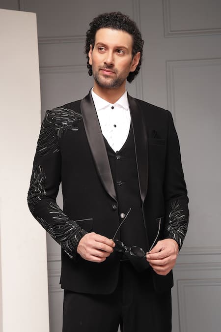 Shop_Soniya G_Black Suiting, Cotton, Satin Sovereign Noir Embellished Premium Tuxedo Set _Online_at_Aza_Fashions