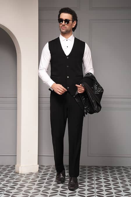 Soniya G_Black Suiting, Cotton, Satin Sovereign Noir Embellished Premium Tuxedo Set _at_Aza_Fashions