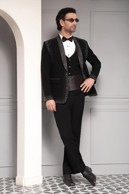 Soniya G Celestial Noir Embellished Tuxedo Premium Suiting Fabric Tuxedo & Waistcoat Set 