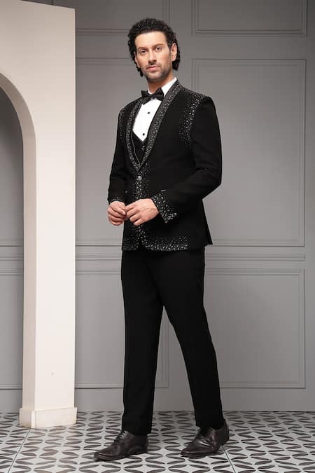 Shop_Soniya G_Black Celestial Noir Embellished Premium Fabric And Waistcoat Set _Online_at_Aza_Fashions