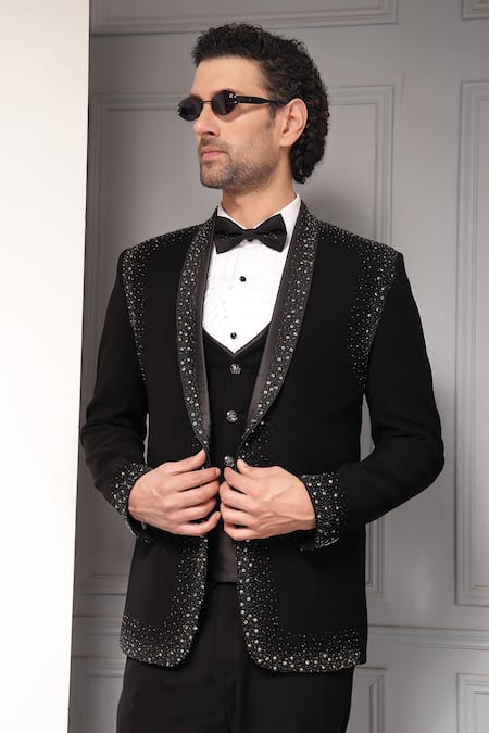 Soniya G_Black Celestial Noir Embellished Premium Fabric And Waistcoat Set _at_Aza_Fashions