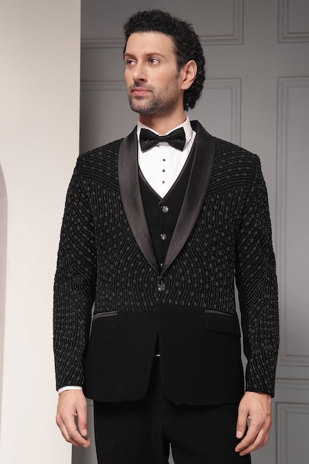 Shop_Soniya G_Black Suiting Classic Noir Vestiaire Premium Fabric Tuxedo And Waistcoat Set 