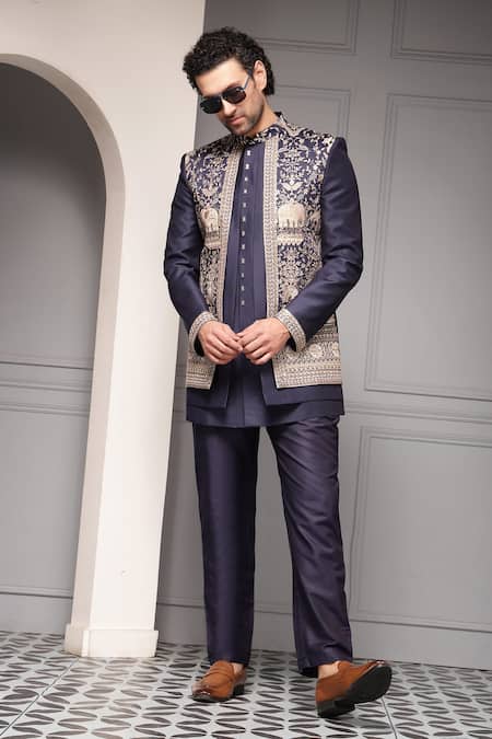 Soniya G Midnight Darbar Embroidered Premium Silk-Blend Bandhgala & Pant Set 