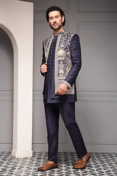Buy_Soniya G_Gold Silk, Suiting Midnight Darbar Premium Silk-blend Bandhgala And Pant Set _Online_at_Aza_Fashions