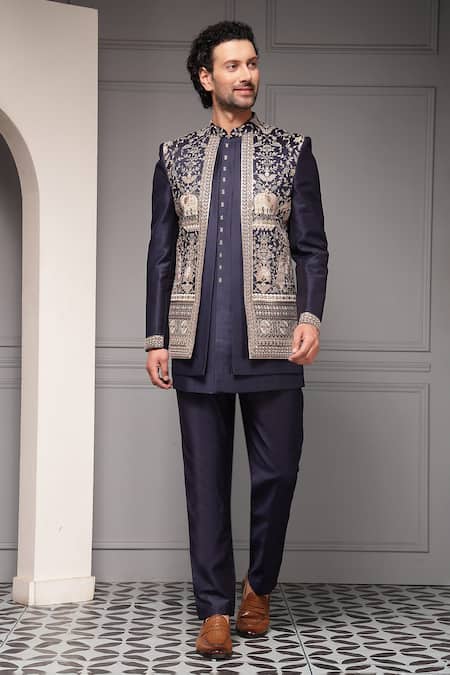 Shop_Soniya G_Gold Silk, Suiting Midnight Darbar Premium Silk-blend Bandhgala And Pant Set _Online_at_Aza_Fashions