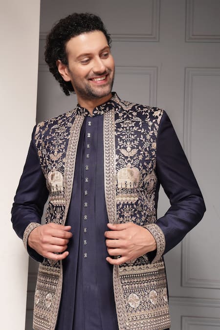 Soniya G_Gold Silk, Suiting Midnight Darbar Premium Silk-blend Bandhgala And Pant Set _at_Aza_Fashions