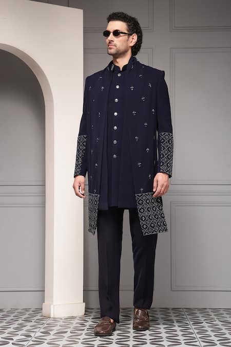 Soniya G Midnight Regent Embellished Bandhgala Set Premium Suiting Fabric 