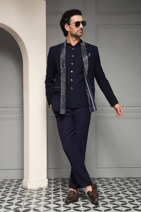 Soniya G Regal Midnight Textured Stole Premium Suiting Bandhgala Set 