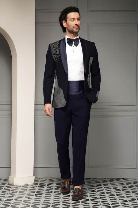 Soniya G_Navy Suiting, Cotton, Satin Beads, Midnight Marquis Embellished Tuxedo Set _Online_at_Aza_Fashions