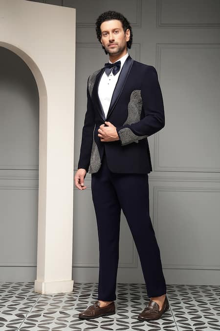 Buy_Soniya G_Navy Suiting, Cotton, Satin Beads, Midnight Marquis Embellished Tuxedo Set _Online_at_Aza_Fashions