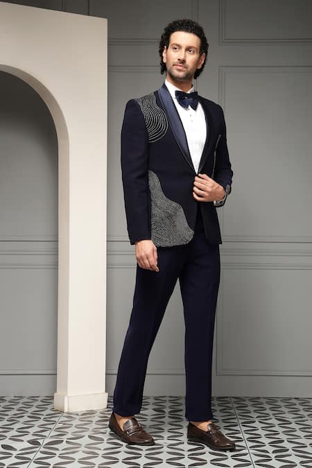Shop_Soniya G_Navy Suiting, Cotton, Satin Beads, Midnight Marquis Embellished Tuxedo Set _Online_at_Aza_Fashions