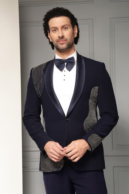 Soniya G_Navy Suiting, Cotton, Satin Beads, Midnight Marquis Embellished Tuxedo Set _at_Aza_Fashions