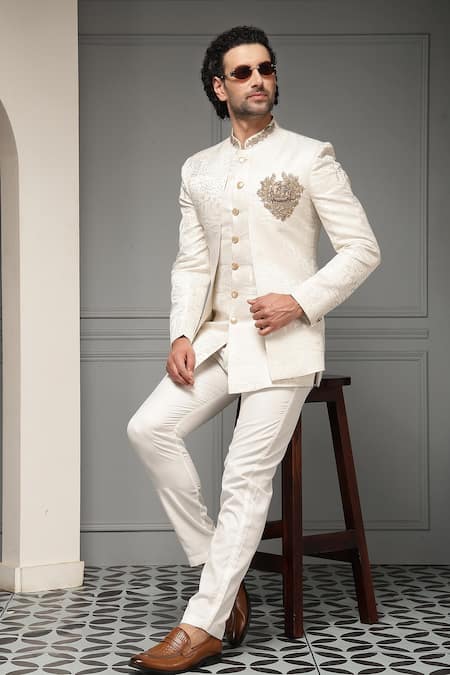 Soniya G Ivory Maharaja Antique Gold Embroidered Jacquard Bandhgala & Pant Set 