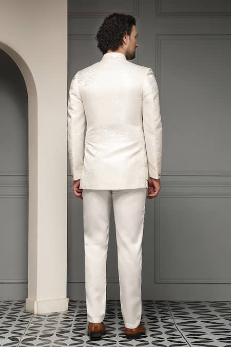 Soniya G Ivory Maharaja Antique Gold Embroidered Jacquard Bandhgala & Pant Set 