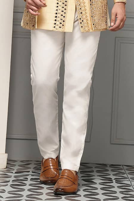 Soniya G Gold Silk, Jacquard, Zar-e-sultan Embroidered Premium Bandhgala And Pant Set Online at Aza Fashions Soniya G_Gold Silk, Jacquard, Zar-e-sultan Embroidered Premium Bandhgala And Pant Set _Online_at_Aza_Fashions