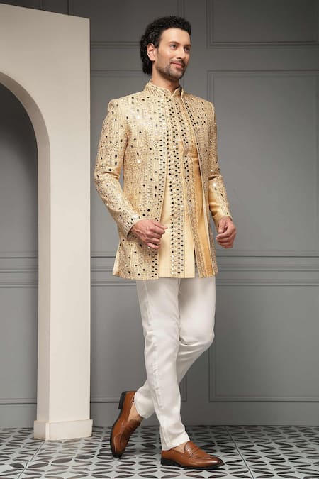 Buy_Soniya G_Gold Silk, Jacquard, Zar-e-sultan Embroidered Premium Bandhgala And Pant Set _Online_at_Aza_Fashions