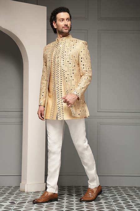 Shop_Soniya G_Gold Silk, Jacquard, Zar-e-sultan Embroidered Premium Bandhgala And Pant Set _Online_at_Aza_Fashions