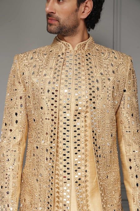 Shop Soniya G Gold Silk, Jacquard, Zar-e-sultan Embroidered Premium Bandhgala And Pant Set Shop_Soniya G_Gold Silk, Jacquard, Zar-e-sultan Embroidered Premium Bandhgala And Pant Set