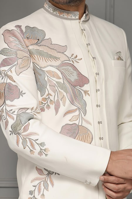 Buy_Soniya G_Pink Suiting Embroidery, Ivory Garden Crest Premium Bandhgala And Trouser Set _Online_at_Aza_Fashions