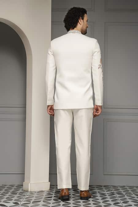 Soniya G Ivory Garden Crest Embroidered Premium Suiting Bandhgala & Trouser Set 