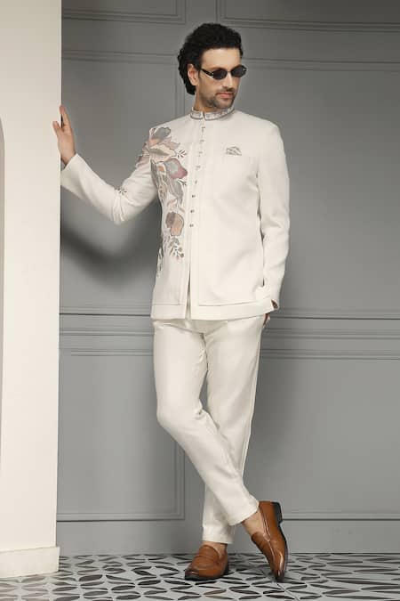 Soniya G Ivory Garden Crest Embroidered Premium Suiting Bandhgala & Trouser Set 