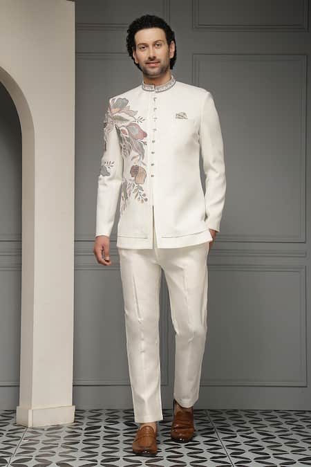 Shop_Soniya G_Pink Suiting Embroidery, Ivory Garden Crest Premium Bandhgala And Trouser Set _Online_at_Aza_Fashions