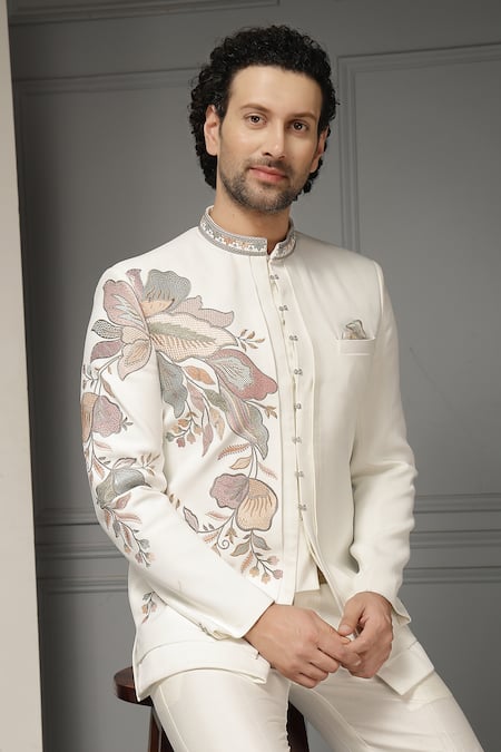 Soniya G_Pink Suiting Embroidery, Ivory Garden Crest Premium Bandhgala And Trouser Set _at_Aza_Fashions