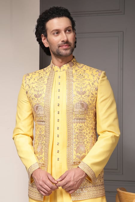 Shop_Soniya G_Gold Silk, Jacquard, Suiting Sunehri Utsav Silk-blend Bandhgala Kurta Set _Online_at_Aza_Fashions