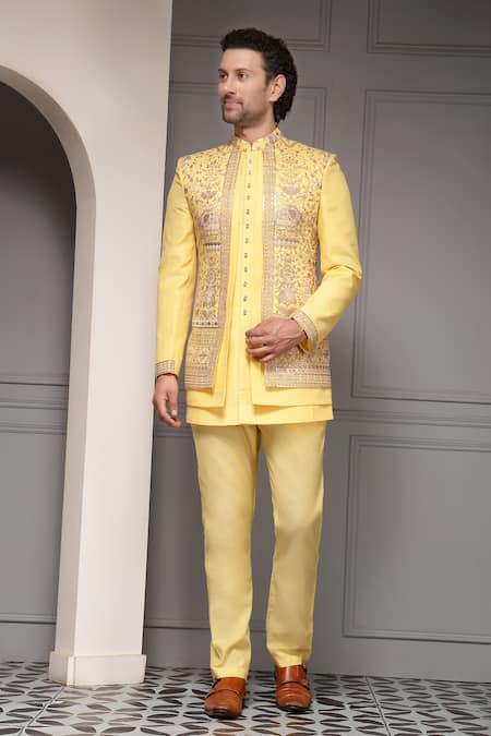 Soniya G_Gold Silk, Jacquard, Suiting Sunehri Utsav Silk-blend Bandhgala Kurta Set _at_Aza_Fashions