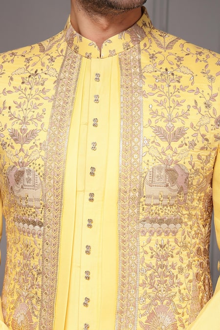 Buy_Soniya G_Gold Silk, Jacquard, Suiting Sunehri Utsav Silk-blend Bandhgala Kurta Set 