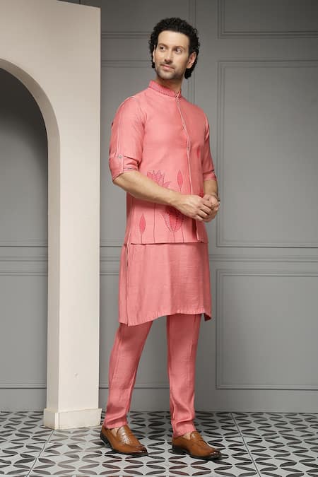 Buy_Soniya G_Coral Silk, Linen Gulnaar Bloom Linen-silk Kurta Set With Nehru Jacket _Online_at_Aza_Fashions